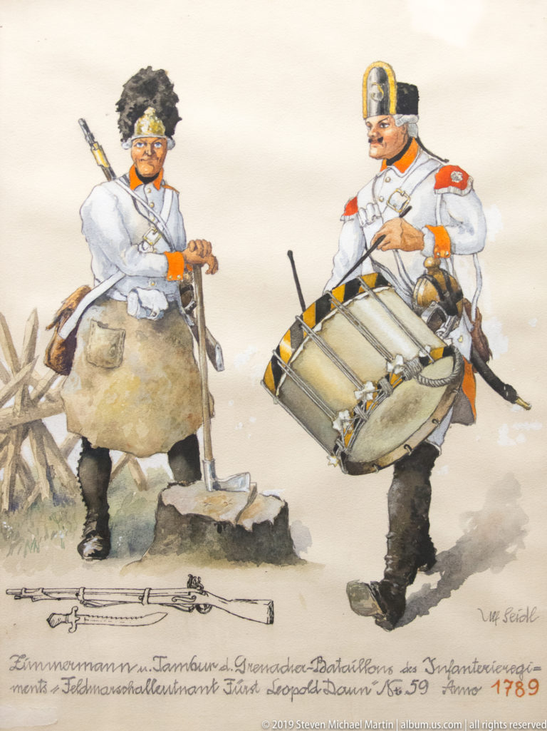 Illustration of two white-uniformed soldiers, one with a firearm and one with a drum, with handwritten text and date 1789.