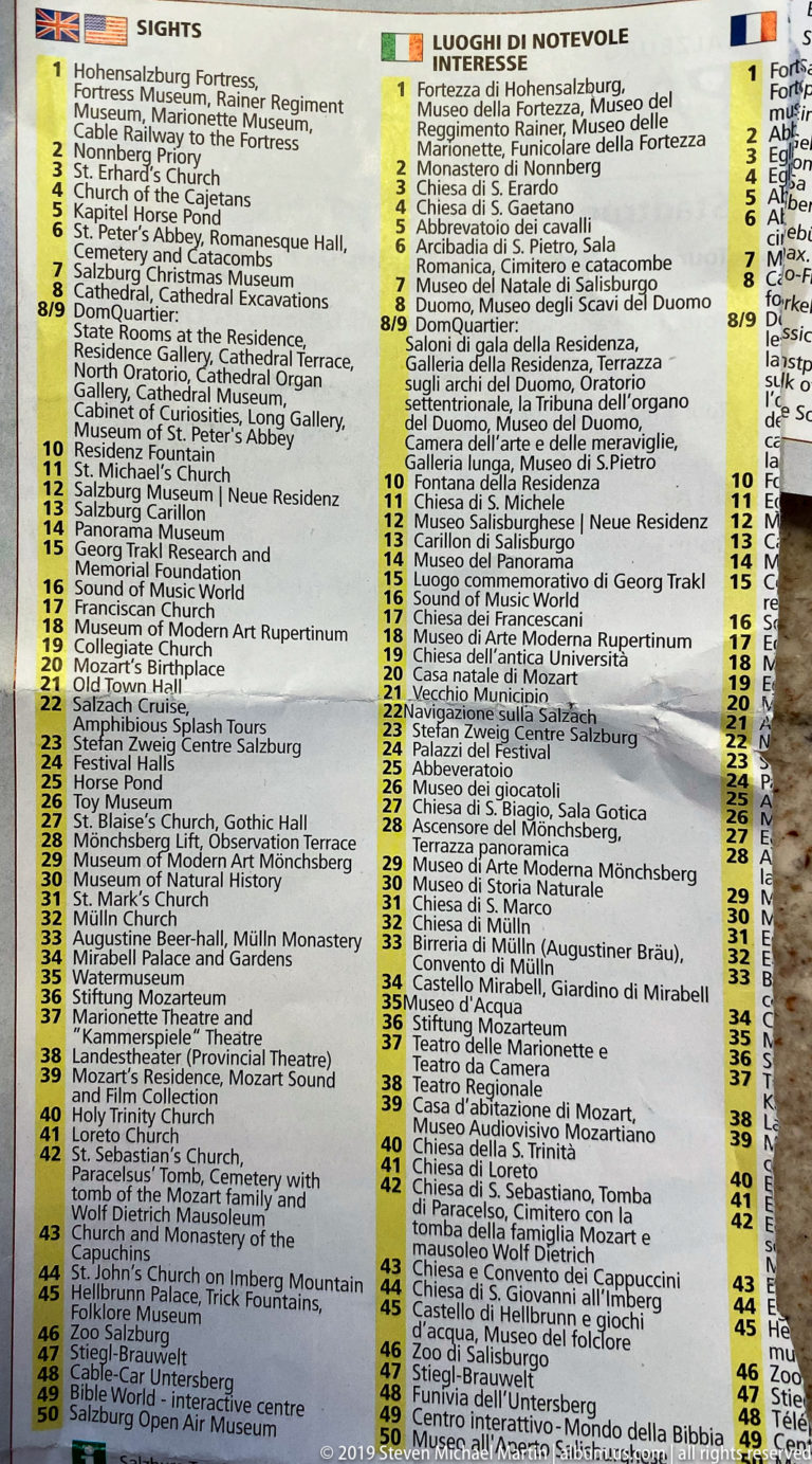 Close-up of a multilingual printed Salzburg sightseeing guide with numbered attractions and national flag headings.