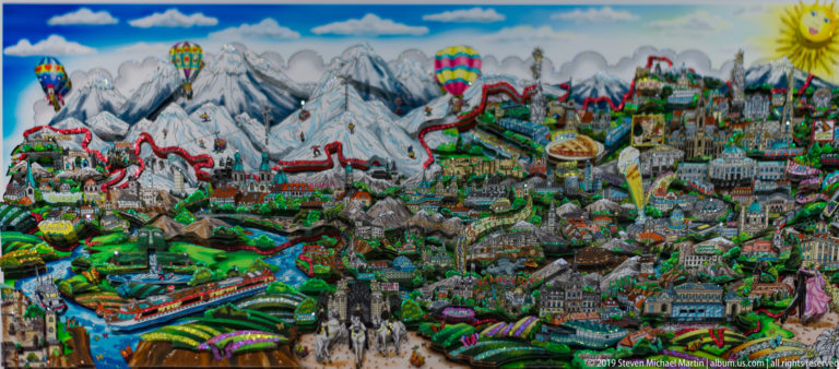 Colorful illustrated panorama of Salzburg and Alpine scenery with mountains, buildings, roads, fields, and hot-air balloons.