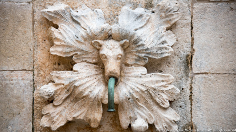 Carved lion head with metal water spout surrounded by radiating stone leaves.