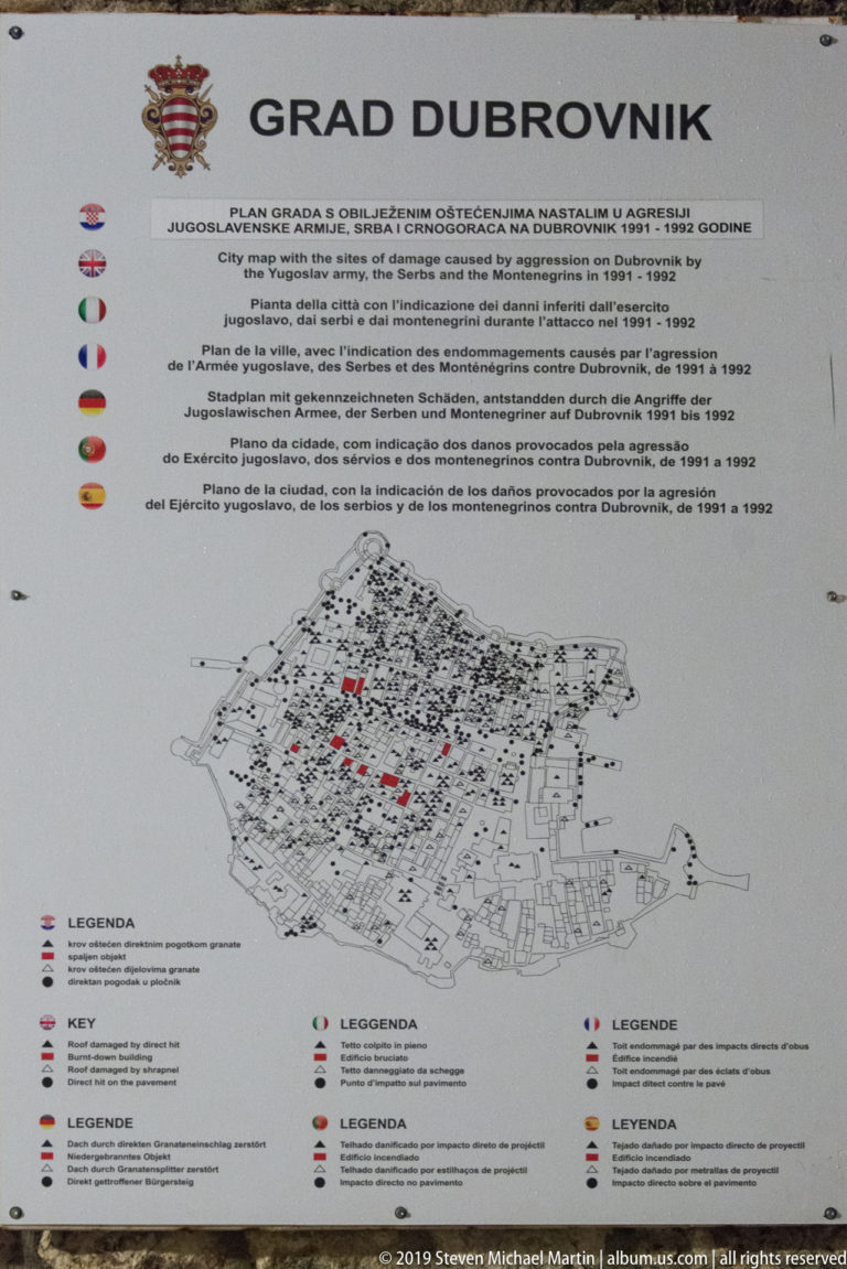 Multilingual GRAD DUBROVNIK visitor-information panel with historic-city map, red location markers, and legend symbols.