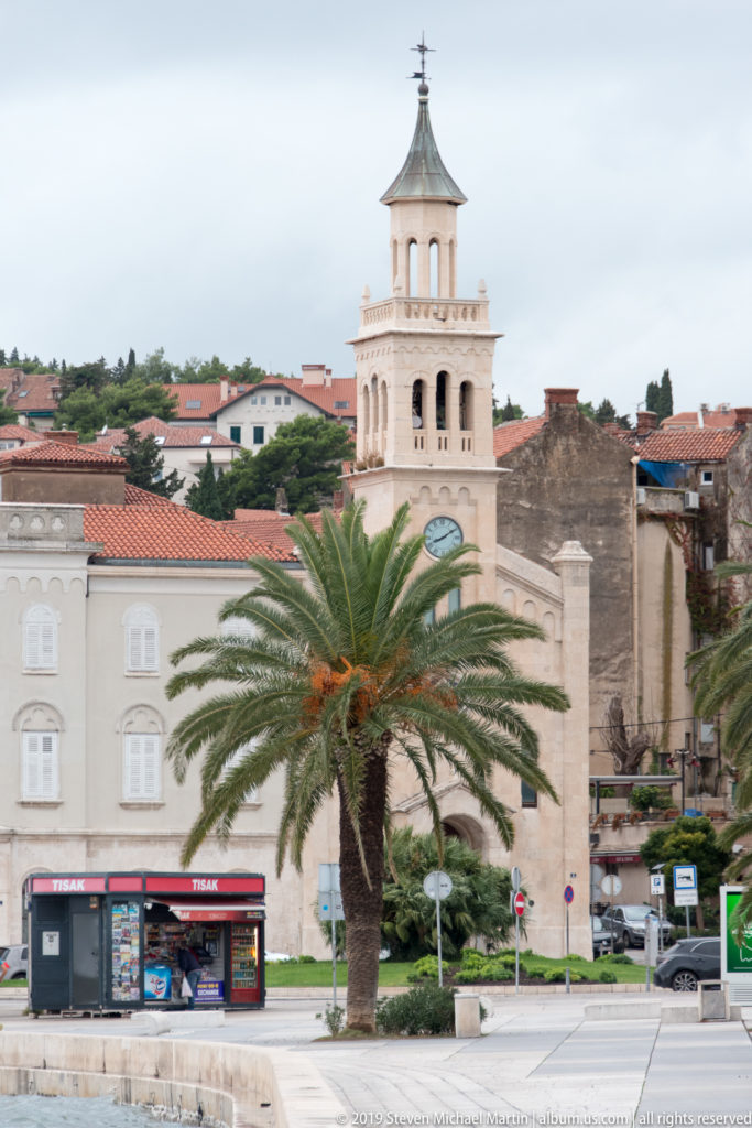 Pale bell tower above red roofs, framed by a large palm beside Split’s waterfront road.