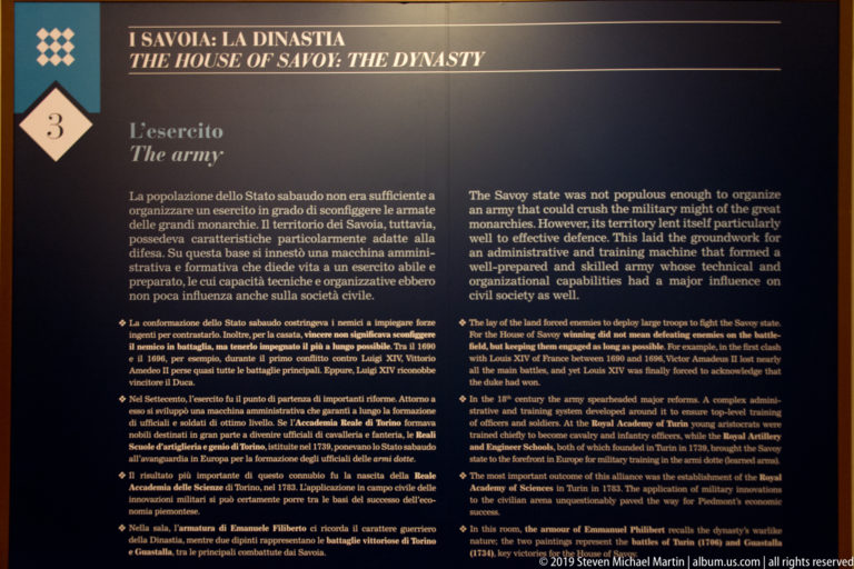 Dark bilingual exhibition panel titled The House of Savoy: The Dynasty, section 3, The Army.