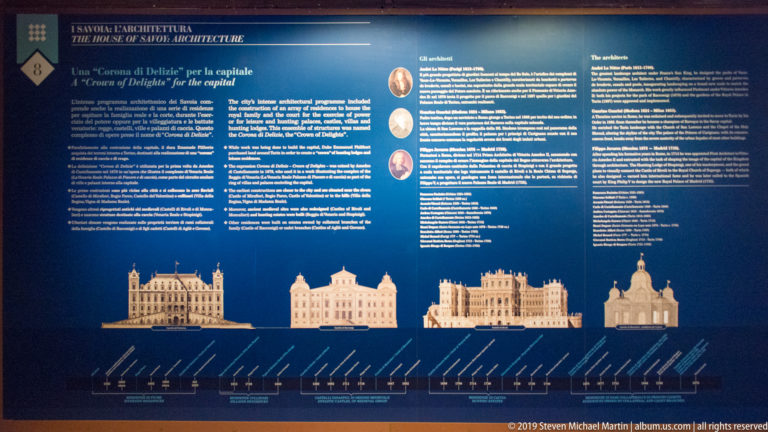 Blue bilingual exhibition panel with palace elevation drawings arranged along a chronological architectural timeline.