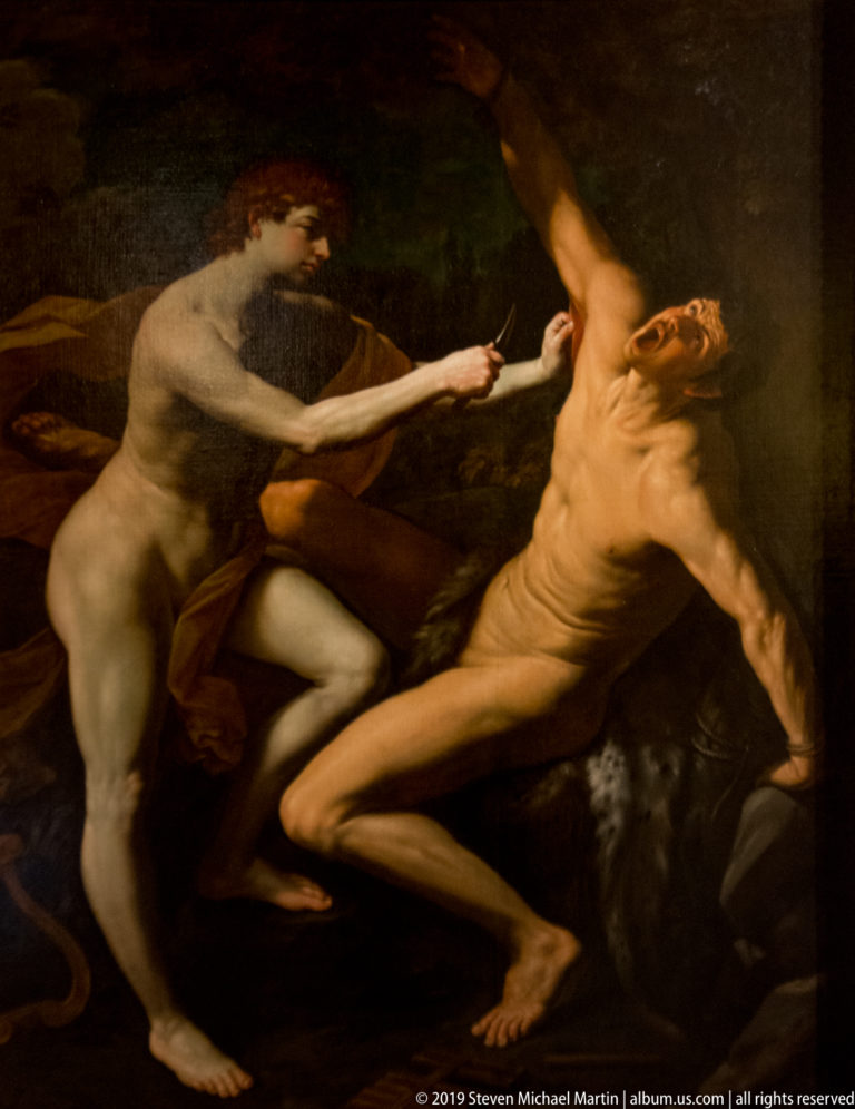 Dark dramatic painting of two nude men struggling, one wielding a curved blade.