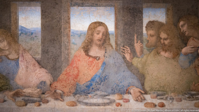 Central portion of Leonardo da Vinci’s The Last Supper, with Christ seated at the table among gesturing apostles.