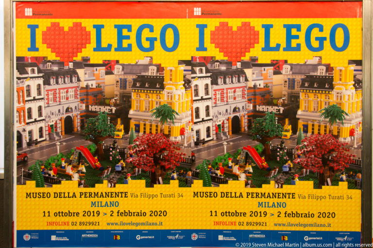 Yellow I Love LEGO exhibition poster for Museo della Permanente in Milan, dated 11 October 2019 to 2 February 2020.