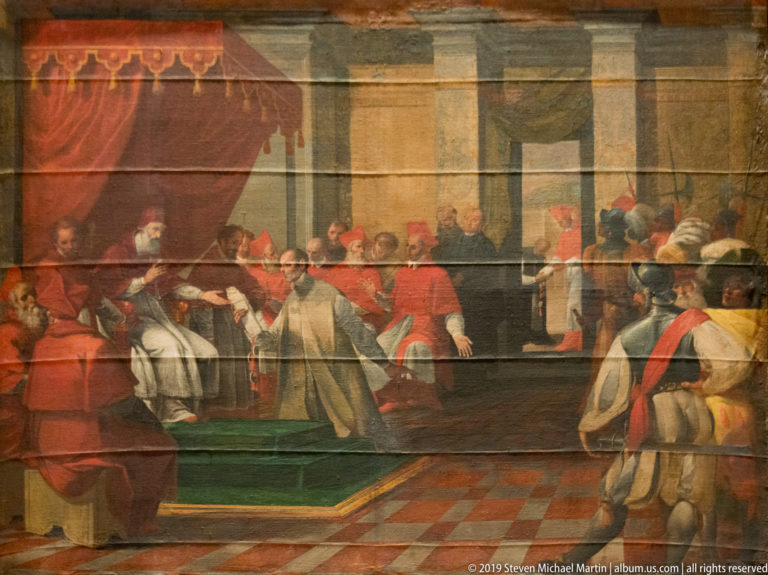 Large religious painting of a formal church ceremony with numerous clergy and attendants in red and white garments.