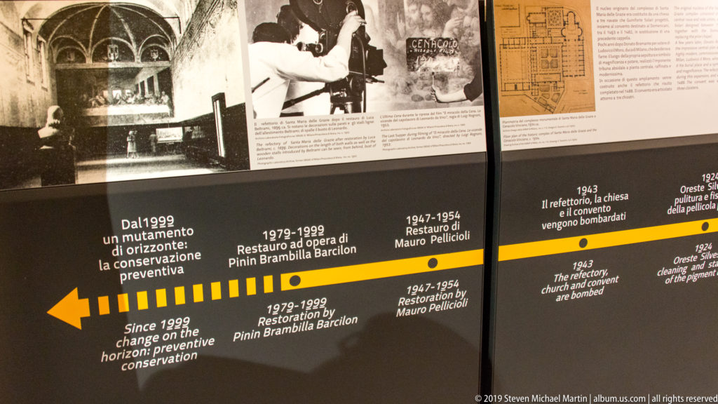 Museum conservation timeline with archival photographs, dates, and labels for restoration campaigns and the 1943 bombing.