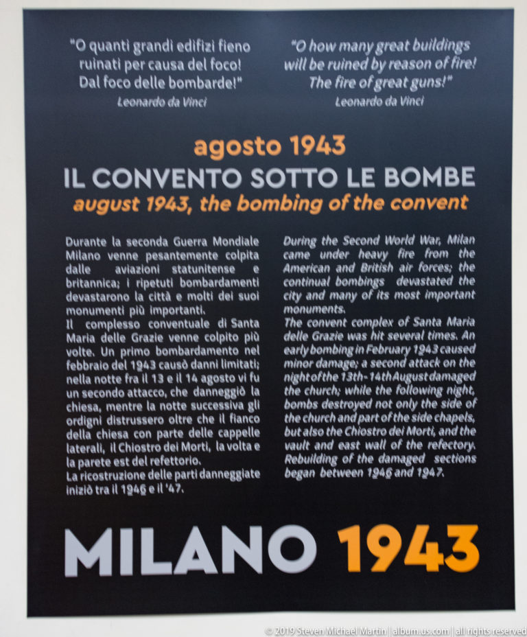 Bilingual museum panel titled Il convento sotto le bombe, with large text reading Milano 1943 and an English account of bombing damage.