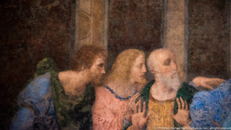 Bartholomew, James the Less, and Andrew form the far-left apostolic group, with Andrew raising both hands.