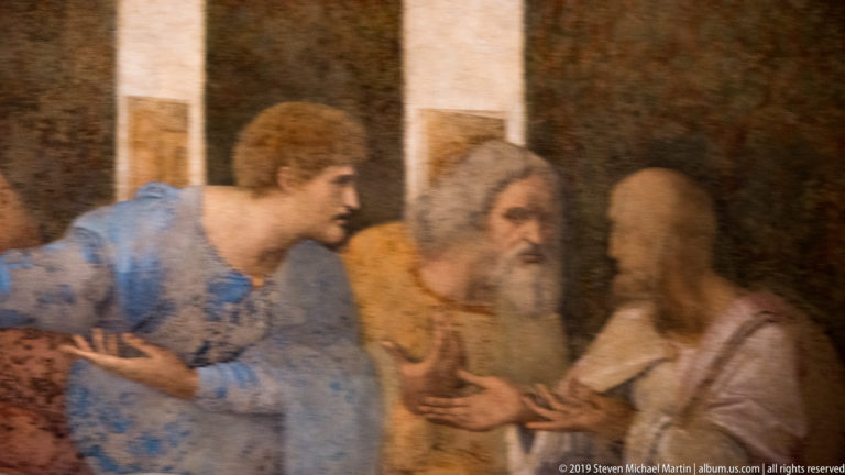 Matthew, Jude Thaddeus, and white-bearded Simon gesture together at the far right of Leonardo’s The Last Supper.