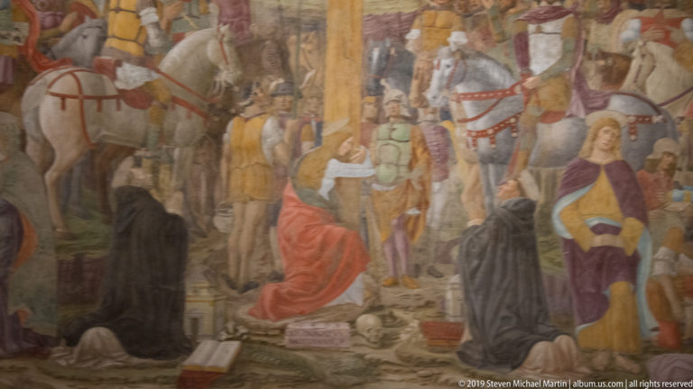 Crowded detail of Montorfano’s Crucifixion with kneeling donor, black-habited figures, soldiers, horsemen, and a standing woman.