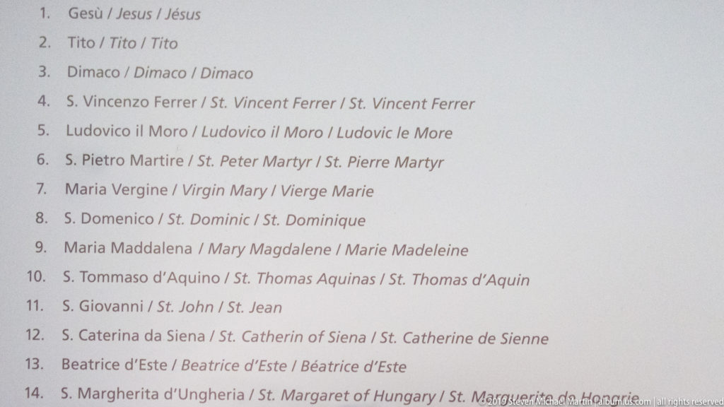 Multilingual museum identification list naming saints, patrons, and holy figures in Donato Montorfano’s Crucifixion.