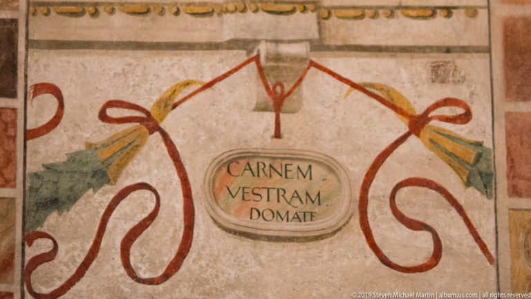 Oval inscription reading CARNEM VESTRAM DOMATE surrounded by red cords and green-and-gold painted ornament.
