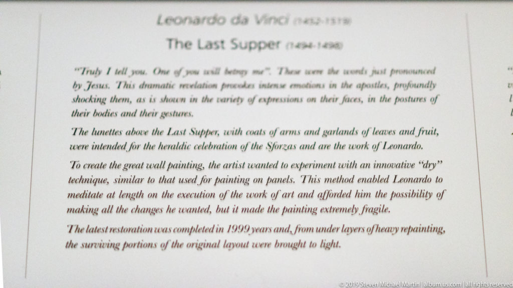 English museum label headed Leonardo da Vinci, The Last Supper, with paragraphs on subject, technique, lunettes, and restoration.