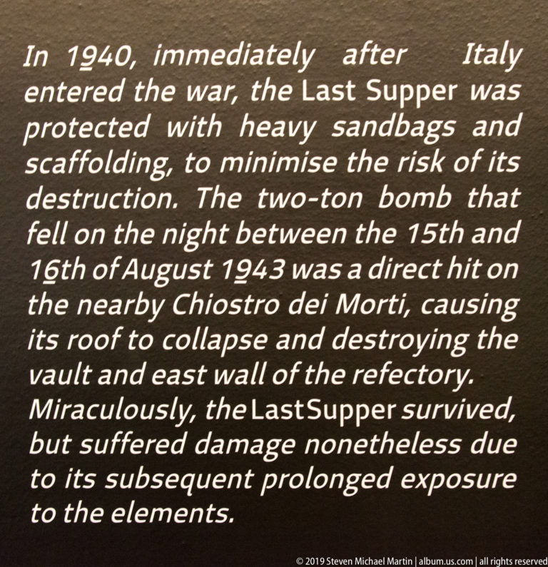 English interpretive text describing sandbag protection of The Last Supper and the bombing of the refectory on 15–16 August 1943.