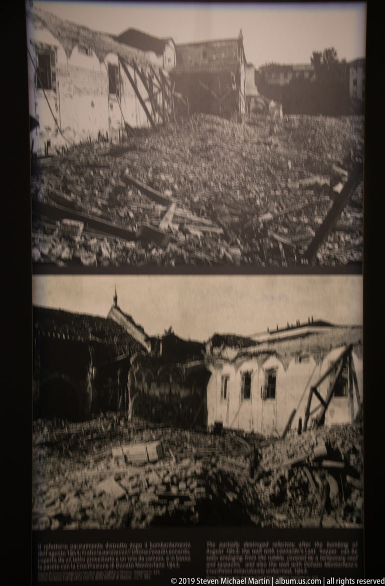 Two black-and-white archival views of rubble and roofless structures after wartime bombing at the Santa Maria delle Grazie refectory.