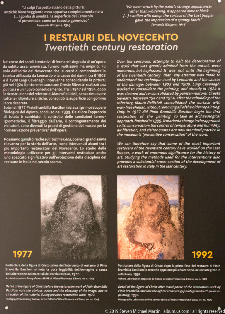 Conservation panel titled I restauri del Novecento with two details from The Last Supper labeled 1977 and 1992.