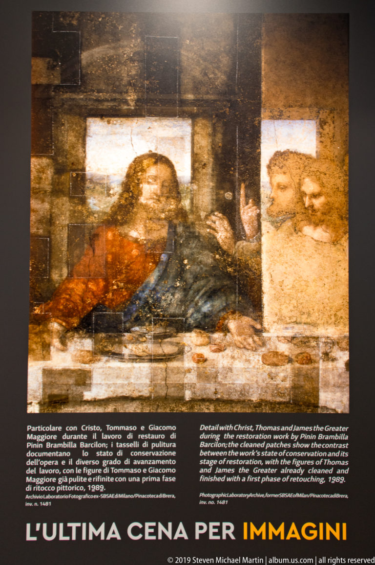 Interpretive panel with an enlarged damaged detail of Christ and nearby apostles from The Last Supper above bilingual explanatory text.
