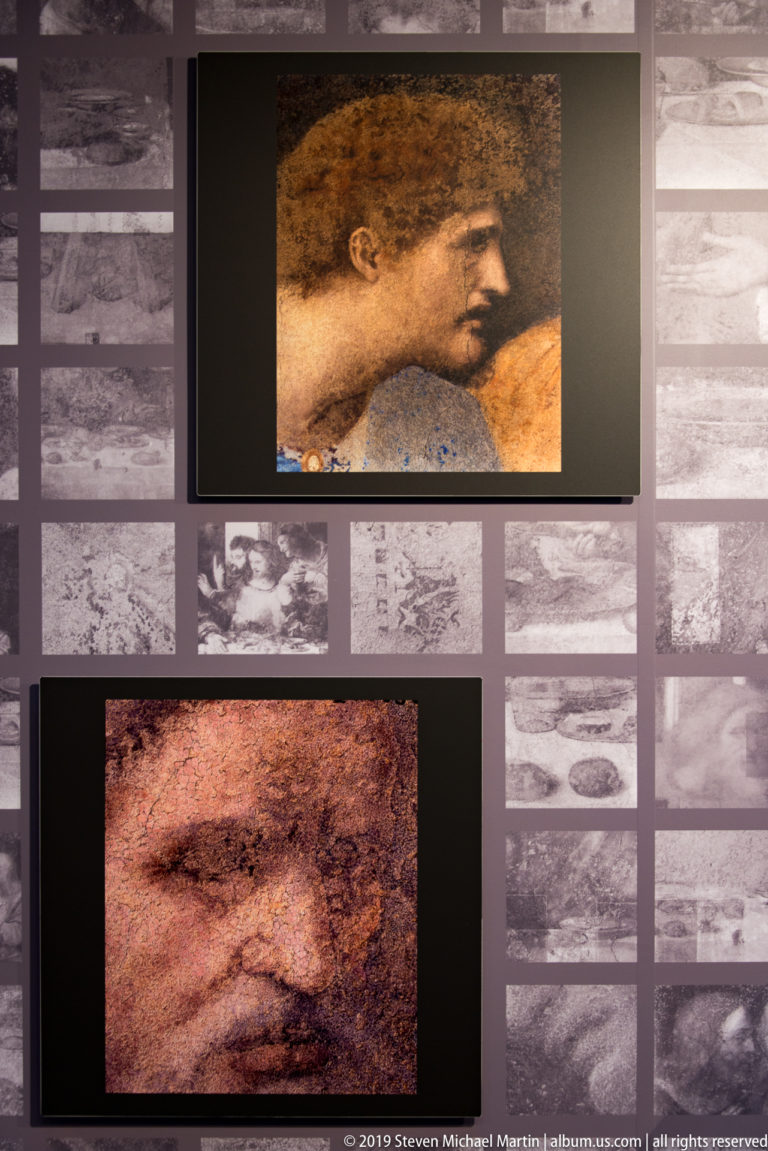 Two enlarged details from The Last Supper, including a profile head and damaged facial fragment, mounted over a grid of technical images.