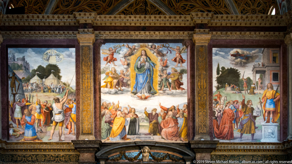 Three-part fresco ensemble centered on the Virgin rising among angels above apostles, with narrative scenes on both sides.