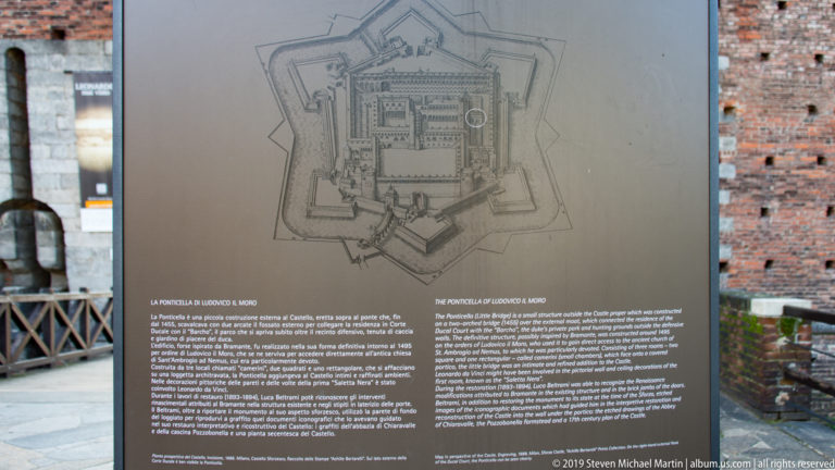 Interpretive panel with a historical plan of Castello Sforzesco showing its rectangular core and angular outer fortifications.