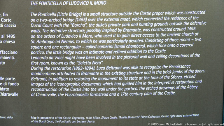 English interpretive panel titled The Ponticella of Ludovico il Moro, describing its construction, function, and later restoration.