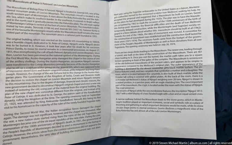 Open English-language information sheet with dense text about the Mausoleum of Petar II Petrović-Njegoš and Lovćen.
