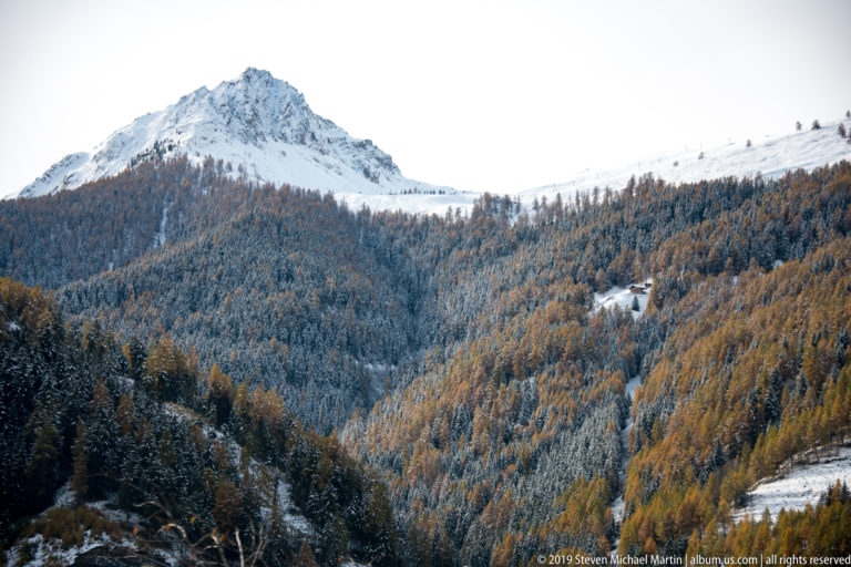 Snow-dusted Alpine peak above densely forested slopes showing golden and dark autumn foliage.