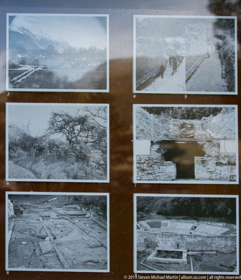 Panel containing six black-and-white photographs of archaeological trenches, walls, foundations, and excavation areas.