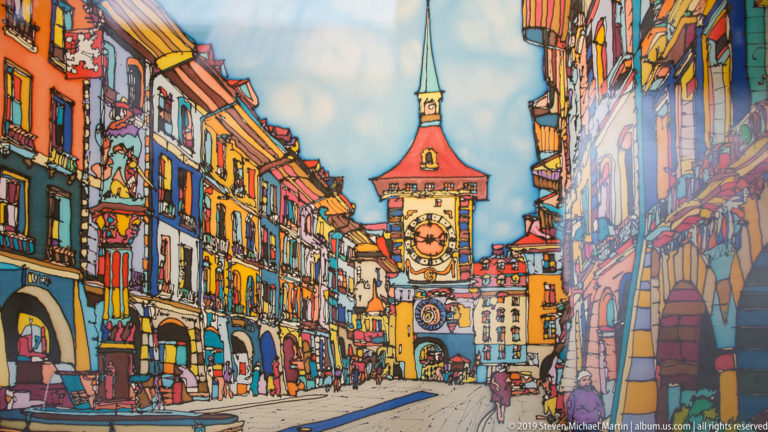 Colorful stylized illustration of a Bern Old City street leading toward the Zytglogge clock tower.