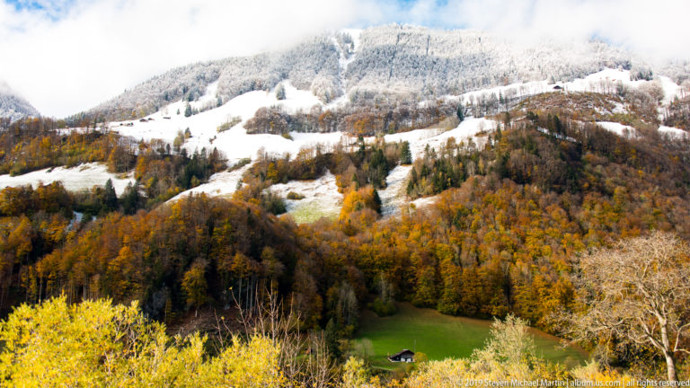 Autumn forest and green meadow below a mountain slope streaked with fresh snow.