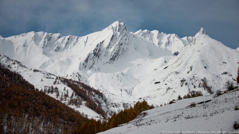 Serrated snow-covered mountain ridge above a valley slope dotted with golden larch trees.