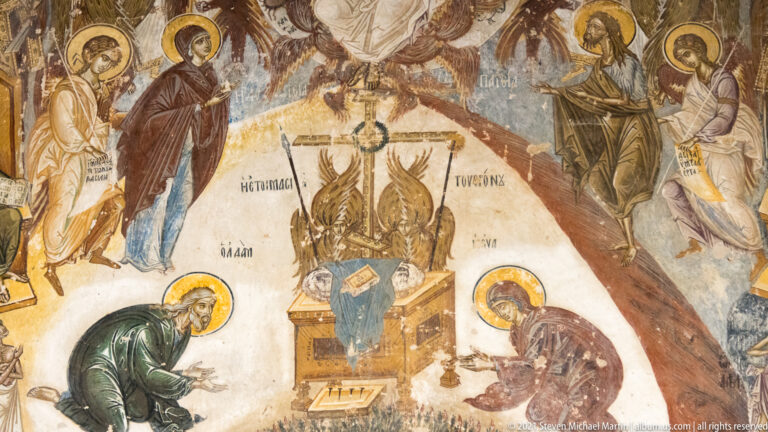 Narrative fresco with haloed standing figures, two kneeling figures, and a central architectural or liturgical motif.