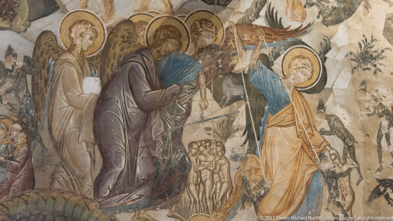 Narrative fresco with large haloed figures gesturing beside a group of smaller nude figures and fragmentary landscape details.