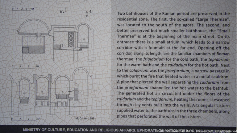 Interpretive panel with plans and text describing two Roman bathhouses and their bathing rooms at Ancient Kamiros.