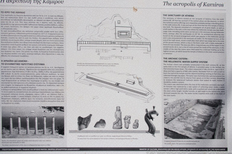 Interpretive panel for the Acropolis of Kamiros with plans, drawings, artifact images, and text about the sanctuary and water system.