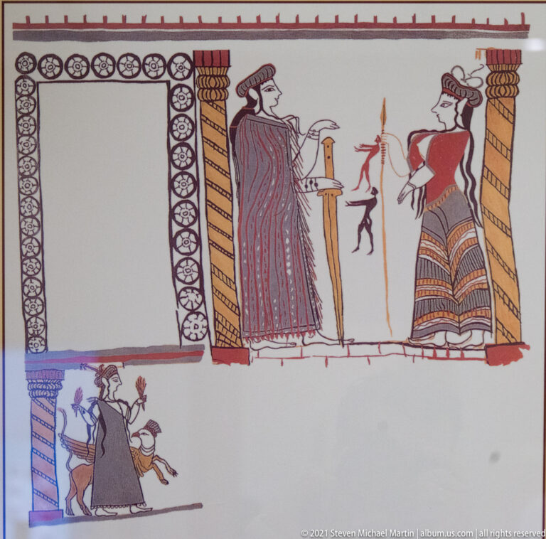 Interpretive reconstruction drawing of a Mycenaean fresco with elaborately dressed female figures and architectural framing.