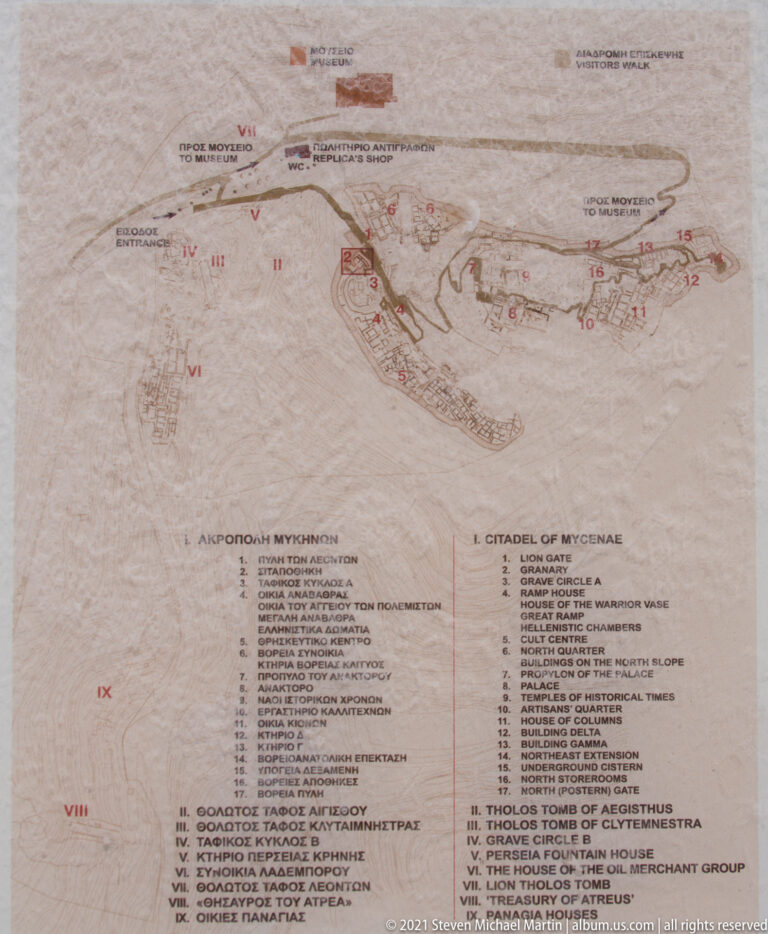 Printed map and legend showing the acropolis, citadel, numbered monuments, and visitor routes at Mycenae.