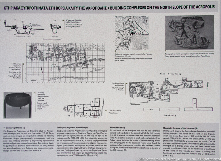 Interpretive panel showing plans, artifact photographs, and diagrams for building complexes on the north slope of the Acropolis.
