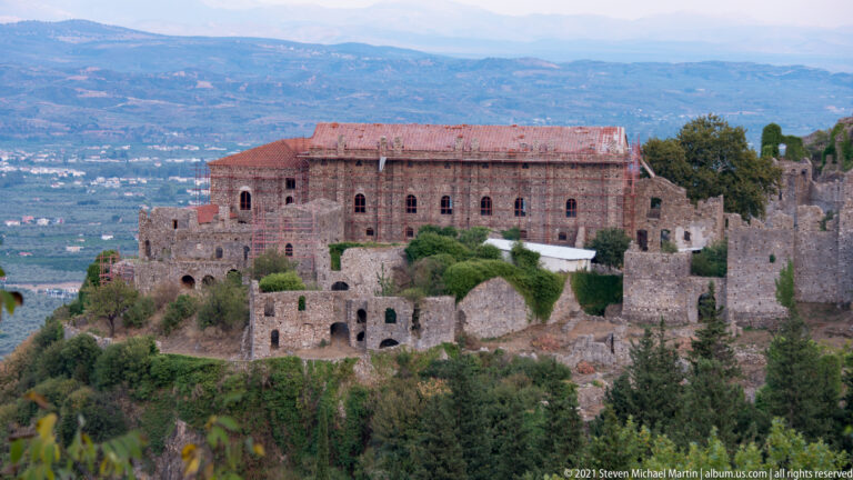 Palace of the Despots at Mystras on a fortified terrace overlooking the broad Laconian valley.