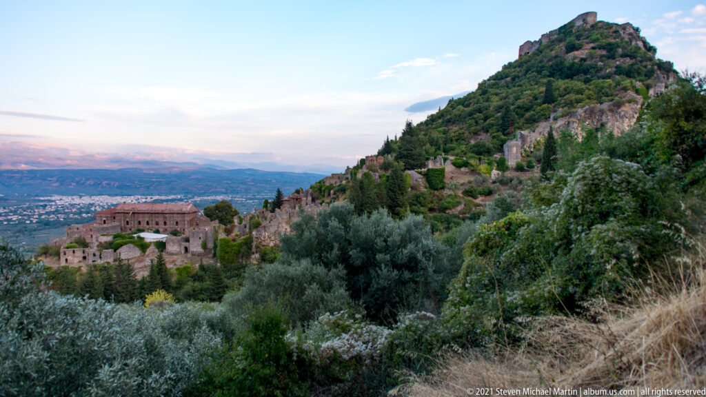Upper Mystras with the Palace of the Despots below and the summit fortress rising on the right.