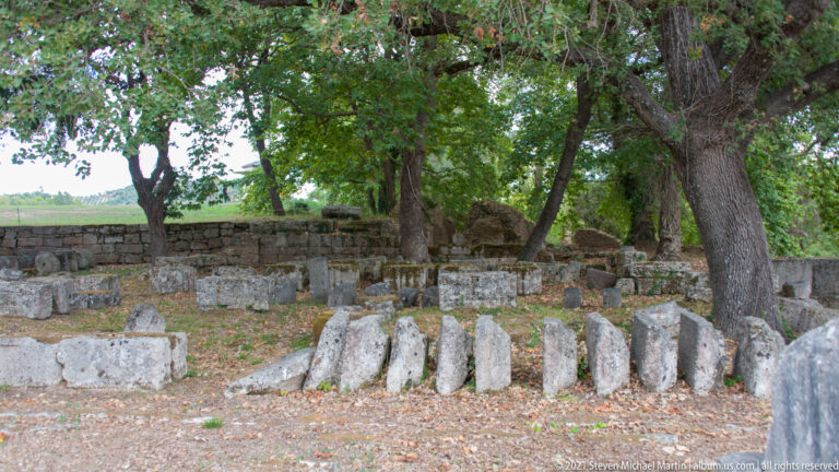 Upright weathered stone slabs and blocks grouped beneath large trees in the archaeological site.