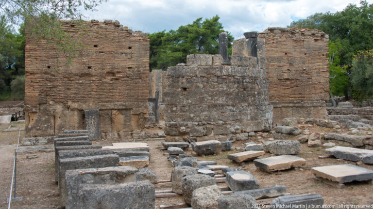 Brick walls and stone foundations of Pheidias’s Workshop at Olympia, later converted into an Early Christian basilica.