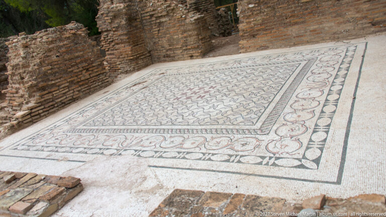Large rectangular mosaic with dense geometric center, scrolling vegetal border, and black, white, and red tesserae.