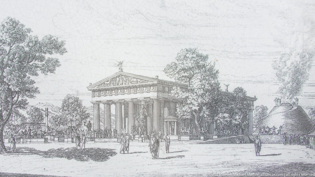 Monochrome reconstruction drawing of a complete columned Greek temple with pediment and figures in the foreground.