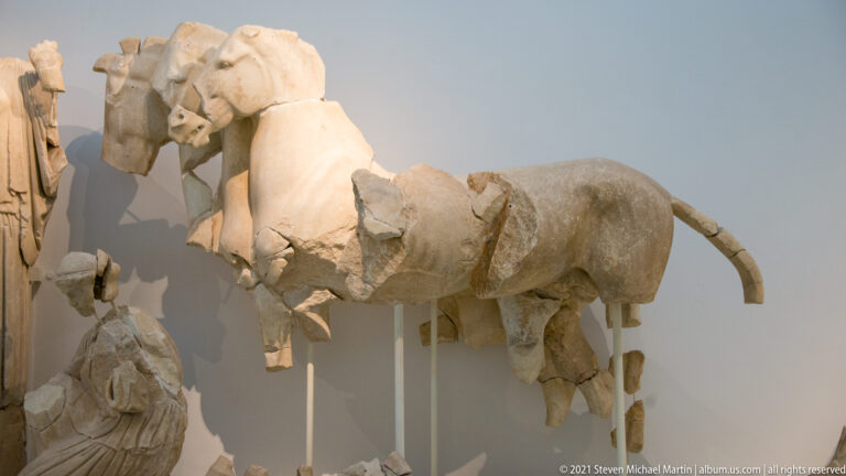 Fragmentary life-size marble horse from a chariot team in the Temple of Zeus east pediment.
