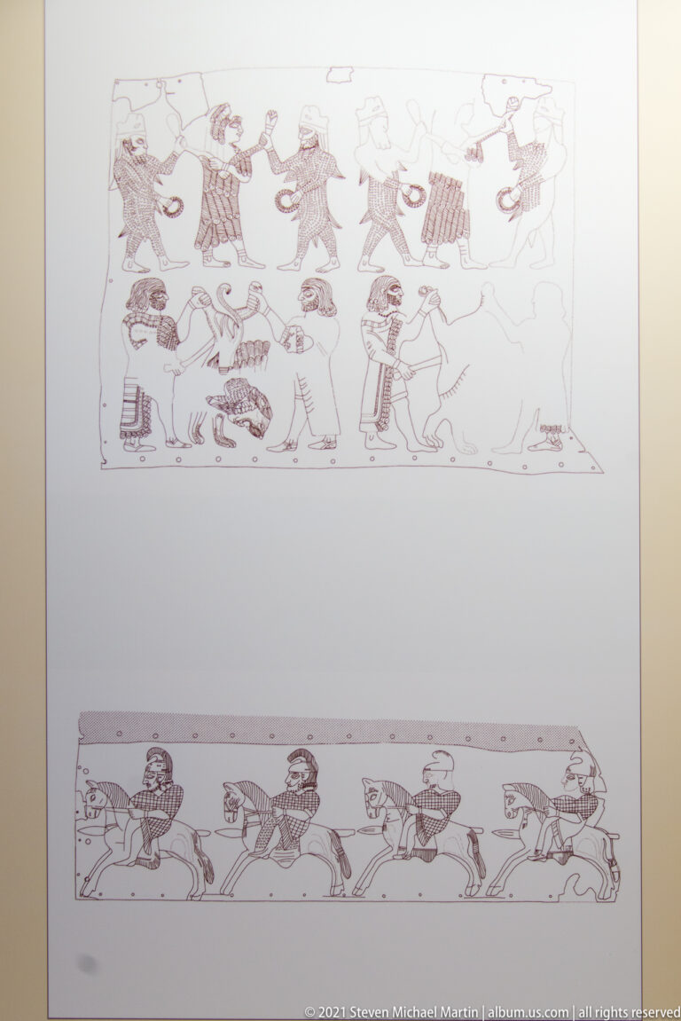 Two museum line drawings showing reconstructed ancient figural scenes, including a lower row of repeated running figures.
