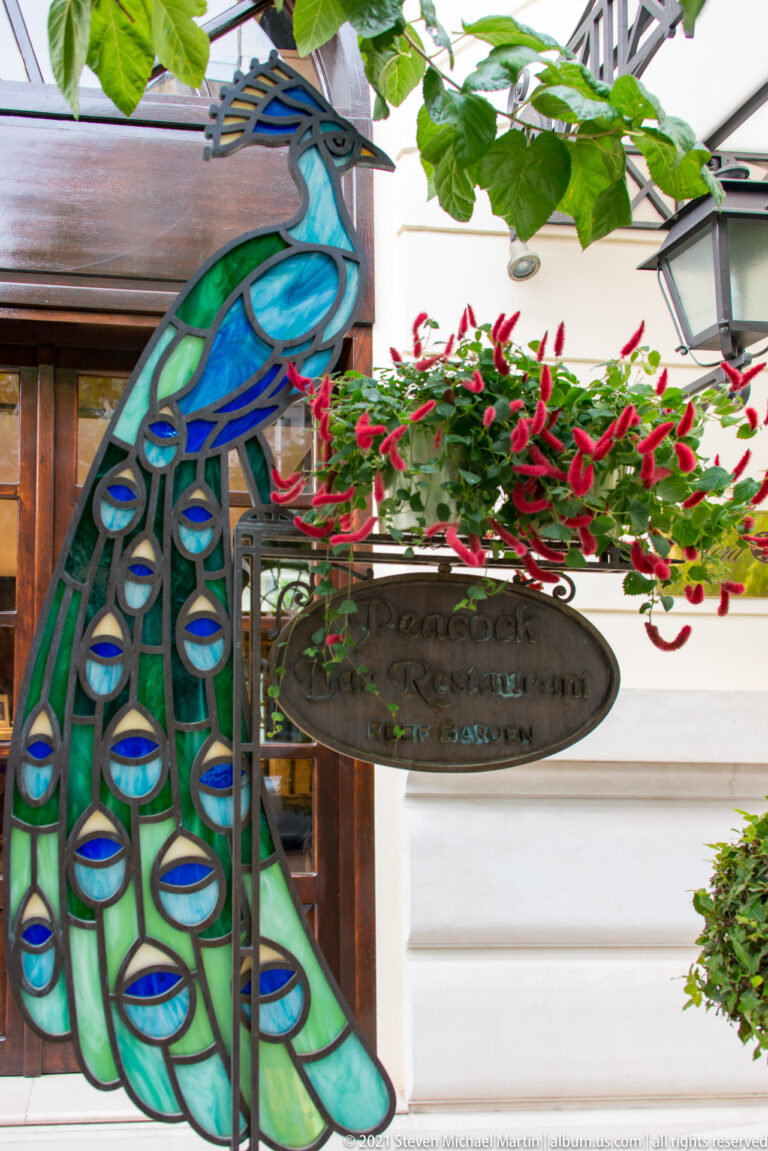 Blue-and-green peacock storefront sign beside a hanging oval plaque, red flowers, and a wall lantern in Athens.